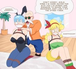 2girls angry bad_launch bennypaan big_breasts blonde_hair blue_eyes blue_hair blush bondage bulma bulma_(dragon_ball) bulma_briefs bunnysuit cloth_gag dragon_ball dragon_ball_(classic) english_text gag gagged_speech green_eyes implied_rape kidnapped launch master_roshi muten_roushi older_male rope_bondage