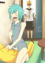 2boys aqua_hair banana barefoot blonde_hair caught caught_in_the_act cum fanloid genderswap_(ftm) hatsune_miku inanimate inanimate_object jitsu kagamine_len male_only mikuo_hatsune necktie nipples_visible_through_clothing object orgasm pillow pillow_humping rule_63 sailor_collar short_hair shorts small_penis touching_nipples vocaloid