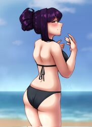 1female 1girls 5_fingers ass back bare_shoulders beach big_breasts bikini bikini_bottom bikini_top black_bikini black_bikini_bottom black_bikini_top black_swimwear blue_sky blush blush_lines blushing breasts butt doki_doki_literature_club female female_focus female_only fluid girl girl_only hair_bun hairbun human human_female human_focus human_only long_hair looking_back purple_eyes purple_hair sand sky solo solo_female solo_focus swimwear thighs triplestabber water yuri_(doki_doki_literature_club)