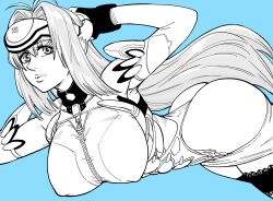 1girls absurd_res android android_girl ass bb_(baalbuddy) big_breasts blue_background female female_only kos-mos long_hair looking_at_viewer monochrome pointy_chin solo tagme xenoblade_(series) xenosaga