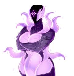 2d breasts cleavage crossed_arms curvy curvy_female curvy_figure female female_focus female_only glistening_body large_breasts monty_nsfw one_eye original original_character purple_body robot robot_girl shiny_skin sparkles tentacle thick_thighs white_background