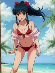 1girls ai_generated beach bent_over bikini blue_hair breasts brown_eyes female female_only hair_ribbon leaning_forward legs long_hair looking_at_viewer navel ocean ponytail red_bikini sakura_shinguji sakura_wars sega small_breasts smile solo swimsuit thighs water