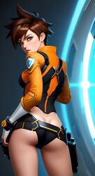 1girls 2023 ai_generated alternate_costume ass athletic_female belt black_panties brown_hair holstered_weapon jacket looking_back overwatch panties partially_clothed revealing_clothes scalieton self_upload short_hair stable_diffusion tight_clothing tracer