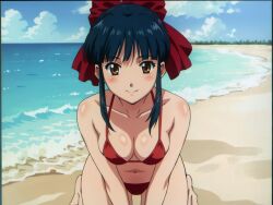 1girls ai_generated beach bent_over bikini blue_hair breasts brown_eyes female female_only hair_ribbon leaning_forward legs long_hair looking_at_viewer navel ocean ponytail red_bikini sakura_shinguji sakura_wars sega small_breasts smile solo swimsuit thighs water