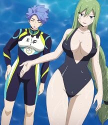 1boy 1girls android artist_request breasts cleavage edens_zero green_eyes green_hair huge_breasts introduction laguna_husert lipstick robot swimsuit tagme thick_thighs thighs water wet witch_regret