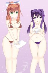 2girls 5_fingers ass_visible_through_thighs bare_shoulders big_bow big_breasts blush blush_lines blushing bow bra braless breasts cleavage collarbone doki_doki_literature_club female female_focus female_human female_only girl green_eyes hair_bow hair_intakes hair_ornament hairbow human human_female human_only long_hair monika_(doki_doki_literature_club) mouth_open navel no_bra open_mouth panties paper ponytail purple_eyes purple_hair purple_panties red_bra red_panties solo solo_female solo_focus thigh_gap thighs topless topless_female ultra_artu ultraartu white_bow white_hair_bow white_hair_ornament yuri_(doki_doki_literature_club)