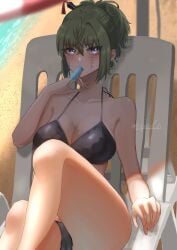 beach beach_chair beach_umbrella big_breasts bikini black_bikini blonde_hair blush cleavage facial_scar female female_only gintama levi_0409 official_alternate_costume official_alternate_hairstyle ponytail popsicle purple_eyes sitting solo sweat swimsuit tsukuyo umbrella