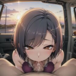 ai_generated blowjob blowjob_face brown_hair fellatio hi_res medium_breasts oral_sex original_character sex_in_car sunset tagme tight_clothing user_lovespike wet_penis