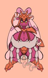 1girls 2d armor armored_boots armored_female female game_freak guavagrunt huge_breasts kingler long_hair nintendo peace_sign pink_body pokemon pokemon_sv pose simple_background smile thick_thighs tinkaton yellow_eyes