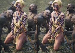 3d abs amazon barbarian blonde blonde_hair bodypaint bondage bound bound_wrists captured captured_heroine completely_nude completely_nude_male confidence_loss confident dungeons_and_dragons elf exposed_breasts forced_exposure geterafromfaerun goblin goblin_male half-elf half_elf imminent_rape imminent_sex muscular muscular_female sex_slave slave slavegirl small_dom_big_sub smaller_male spoils_of_war stripped tagme tribal tribal_markings yolande_(geterafromfaerun)