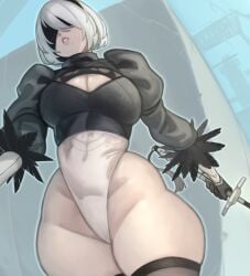 1girls android android_girl blindfold breasts female hi_res hips huge_breasts kelvin_hiu leotard light-skinned_female light_skin nier nier:_automata short_hair simple_background thick_thighs thighs white_hair wide_hips yorha_2b