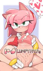 1boy 1girls amy_rose anthro blush bodily_fluids breasts clothing cum duo ejaculation erection eulipotyphlan female femdom genital_fluids genitals gloves green_eyes hair hairband handwear hedgehog hetero hi_res human human_on_anthro large_breasts lumpypacas male male/female male_human/female_anthro male_on_anthro mammal partial_male penis pink_body pink_hair pov_male red_hairband sega shirt_lift simple_background sonic_(series) sonic_the_hedgehog_(series) straight thought_bubble thought_heart uncensored urethral_fingering veiny_penis watermark white_gloves