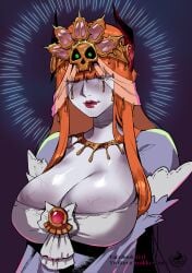 character_request colored eyes_covered female female_only grey_body grey_skin huge_breasts hyakkin orange_hair red_eyes red_lipstick zombie zombie_girl