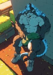 2019 2_horns abs anthro biceps big_bulge big_penis black_body black_fur blep blue_eyes blue_hair brick_floor brick_wall broken_horn bulge bushes canine canyne_khai chest_tuft claws clothing dated deltoids fangs fence finger_claws flexor_carpi footwear fur genital_outline genitals grass hair hand_on_bulge hi_res horn hybrid inuarashi_(whitexwolfy) leaf light looking_around_corner male multicolored_body multicolored_fur muscular_thighs nike nipples obliques outside pecs penis penis_outline plant quads shoes signature sneakers solo sunlight tail_mane teeth tongue tongue_out triceps tuft two_tone_body two_tone_fur under_shade vein veiny_muscles veiny_penis wall_(structure) white_body white_fur wolf