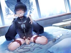 1boy bed black_hair black_sailor_collar black_serafuku black_shirt black_skirt black_socks blue_eyes blue_neckerchief blue_ribbon blush chain_leash chains clothes_lift collar commentary_request covering covering_crotch cuffs egg_vibrator female finger_in_another's_mouth full_body hair_ribbon hand_on_another's_shoulder head_out_of_frame heavy_breathing hitachi_magic_wand indoors kise_itsuki kneeling leash long_sleeves male neckerchief nose_blush on_bed open_mouth original pillow pussy_juice pussy_juice_stain red_collar ribbon sailor_collar saliva school_uniform serafuku sex_toy shackles shirt short_hair sitting skirt skirt_lift smile socks straight thigh_strap v_arms vibrator vibrator_in_thigh_strap wariza window