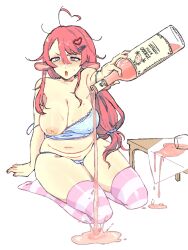 alcohol alcoholic_drink blush blushing_at_viewer breast breasts caprine drunk ewe heart-shaped_pupils ichigo_hibiki indie_virtual_youtuber lamb milf mommy mother pink_fur pink_hair sheep sitting sitting_on_floor socks solo stomach stomach_bulge strawberry thick thigh_socks thighs tummy virtual_youtuber vtuber