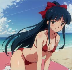 1girls ai_generated beach bent_over bikini blue_hair breasts brown_eyes female female_only hair_ribbon leaning_forward legs long_hair looking_at_viewer navel ocean ponytail red_bikini sakura_shinguji sakura_wars sega small_breasts smile solo swimsuit thighs water