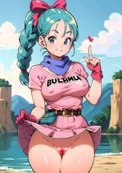 1girls ai_generated braided_ponytail bulma bulma_(dragon_ball) bulma_briefs cute dragon_ball dragon_ball_(classic) dress_lift female green_hair no_panties petite ponytail presenting_pussy pussy slim steak_ai teenager