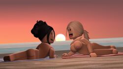 2girls 3d ass beach beach_towel black_hair blender blonde_hair breasts completely_nude completely_nude_female female female_only full_body naked naked_female nude nude_female ocean ponytail roblox robloxian sand smile smiling sunset tarsto