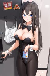 bare_shoulders black_hair blue_eyes blush bunny_ears bunny_girl bunnysuit credit_card dduck_kong embarrassed hair_down hallway huge_breasts large_breasts lock looking_at_viewer medium_breasts offering offering_to_viewer plastic_bag slim_waist suprised thick_thighs thighs thin_waist very_long_hair