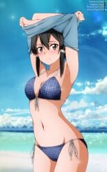 1girls armpits arms_above_head arms_up asada_shino beach big_breasts bikini black_hair breasts brown_eyes busty cleavage clothes_lift female female_only highres large_breasts legs lifted_by_self looking_at_viewer navel ocean shirt_lift short_hair shugo19 solo swimsuit sword_art_online thighs voluptuous water