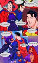 1boy 2girls background_characters big_breasts comic dc dc_comics english_text female male multiple_girls raven_(dc) redcarpit starfire super_hero superman superman_(series) tagme teen_titans text