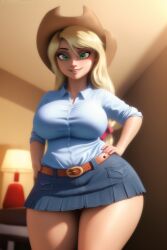 1girls ai_generated applejack_(eg) bed bedroom belly_button belt blonde_hair blush child_bearing_hips cleavage collared_shirt cowboy_hat denim_skirt equestria_girls female freckles green_eyes hands_on_hips hasbro horny_female huge_breasts human humanized looking_at_viewer milf mom_bod mombod my_little_pony naughty_smile navel outside plump shirt smile solo_female stable_diffusion standing tagme vagina voluptuous wgenjoyr4539