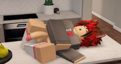 1boy 3d :3 cat_ears catboy circumcised circumcision_scar femboy gay glans grey_sweater kitchen neko-jan pear penis rabbit_suavehun red_brown_hair roblox robloxian sleeping table tagme thighhighs