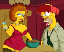 1boy 1girls areolae bald bald_man big_breasts brown_hair busty cleavage drunk earrings eyebrows eyelashes eyeshadow female homer_simpson large_breasts lipstick looking_at_breasts male maude_flanders milf open_mouth orange_hair teenagebratwurst the_simpsons thick_thighs thighs tongue tongue_out wide_hips yellow_body yellow_skin