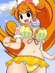 1girls arms_up belly bikini bikini_skirt bouncing_breasts curled_hair earrings extremely_high_resolution extremely_long_hair flower flower_in_hair green_eyes highres kai_(battle_cats) large_breasts orange_hair ponytail shoulders smiling_at_viewer the_battle_cats water_wings