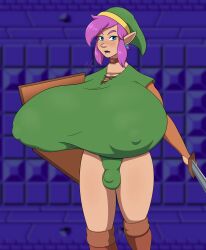 a_link_to_the_past balls balls_bigger_than_penis big_breasts breasts busty_boy cobaltkilter dickgirl futanari genderswap_(mtf) giant_breasts gigantic_breasts huge_breasts large_breasts link link_(a_link_to_the_past) massive_breasts penis pink_hair rule_63 screenshot testicles the_legend_of_zelda the_legend_of_zelda_(nes)