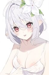 dress dress_pull flower_hair_ornament kokkoro_(princess_connect!) nipples pointy_ears princess_connect! princess_connect!_re:dive see-through_clothing tongue_out white_dress white_hair