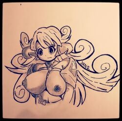 1girls belly bow collar colorless confused curled_hair erect_nipples headphones horns kai_(battle_cats) large_breasts long_hair pencil_(artwork) shoulders the_battle_cats topless_female waist_up