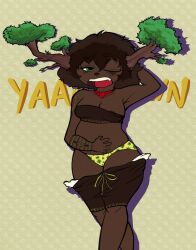 brown_hair brown_skin dark_skin dark_skinned_female green_eyes itching plump print_panties rnp scratching scratching_belly shorts_down shortstack trees yawn yellow_panties