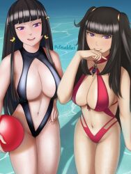 2girls alternate_costume ball beach_ball bikini black_hair black_nails black_one-piece_swimsuit black_swimsuit breasts center_opening cleavage crossover dead_or_alive dead_or_alive_5 female female_only fire_emblem fire_emblem_awakening from_above grin large_breasts long_black_hair long_hair looking_at_viewer looking_up multiple_girls nail_polish navel nintendo nyotengu ocean one-piece_swimsuit open_mouth outdoors purple_eyes pvtnuddles red_bikini red_swimsuit revealing_clothes revision smile swimsuit tharja_(fire_emblem) very_long_hair