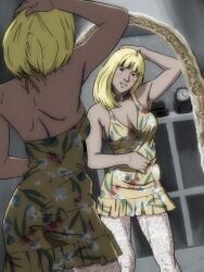 1girls admiring_self blonde blonde_female blonde_hair choker collar comic dress eccentrix female female_only human human_only kat_(temon) light-skinned_female light_skin looking_in_mirror mirror reflection solo solo_female tagme