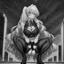 1girls ai_generated black_and_white blush duel_monster exosister_martha exosisters looking_at_viewer military nun pink_hair squatting text_bubble yu-gi-oh!