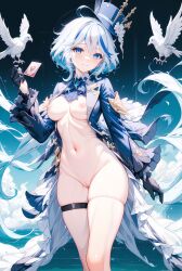 ai_generated blue_eyes blush breasts furina_(genshin_impact) genshin_impact gloves looking_at_viewer mostly_nude open_jacket pussy smile tophat two_tone_hair