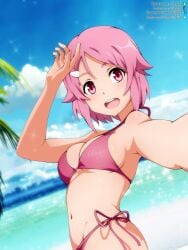 1girls arm_up armpit_peek beach big_breasts bikini breasts busty cleavage female female_only highres large_breasts legs lisbeth looking_at_viewer navel ocean open_mouth pink_bikini pink_eyes pink_hair shinozaki_rika short_hair shugo19 smile solo swimsuit sword_art_online thighs voluptuous water