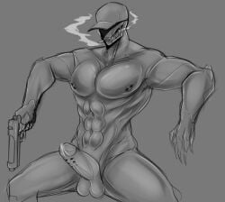 2d abs cum gun male male_only monty_nsfw muscular muscular_male nipple_piercing nipples nude nude_male original_character penis sharp_teeth smoking weapon