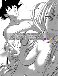 07th_expansion 1boy 1girls breasts crossover dragon_ball dragon_ball_super dragon_ball_z english_text eua_(higurashi_no_naku_koro_ni) featherine_augustus_aurora female male married_couple monochrome selfie sex son_goku text the_yuzou