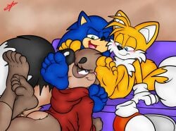 5_toes anthro benjipaws biped blush feet foot_fetish foot_focus foot_on_face foot_play furniture group hi_res humanoid_feet male male/male plantigrade sega sofa sonic_(series) sonic_the_hedgehog sonic_the_hedgehog_(series) tails toes trio