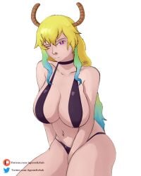 agentekebab ass big_breasts big_butt bikini blue_hair breasts dragon dragon_maid horns kobayashi-san_chi_no_maidragon looking_at_viewer lucoa maid_dragon purple_eyes quetzalcoatl quetzalcoatl_(dragon_maid) thick_thighs thighs yellow_hair