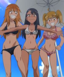 3girls 774_(nanashi) accurate_art_style big_breasts bikini black_hair blonde_hair brown_eyes busty cleavage female female_only gamo-chan hayase_nagatoro hi_res large_breasts legs long_hair multiple_girls navel orange_eyes orange_hair please_don't_bully_me,_nagatoro screencap smile stitched tan tan_body tanline thighs twintails voluptuous yoshi_(nagatoro)