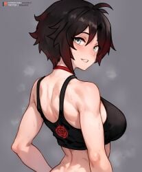 1girls alternate_breast_size back bluefield blush breasts choker female fit_female large_breasts light-skinned_female light_skin looking_at_viewer looking_back png red_hair ruby_rose rwby short_hair shoulders silver_eyes smile sports_bra sportswear sweat sweaty_body tank_top workout_clothes