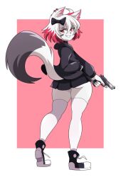 abysswatchers black_hoodie bow character_request commission cute female_only fully_clothed furry furry_only furry_tail gun hand_in_pocket looking_back pleated_skirt sfw small_skirt smiling_at_viewer thighhighs