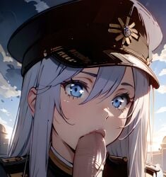 86_-eightysix- ai_generated blowjob blue_eyes close-up eye_contact fellatio light_blush long_hair looking_at_viewer military_cap military_uniform oral_sex outdoors pixai shinei_nouzen shiny_eyes stable_diffusion vladilena_millize wekilled_god white_hair