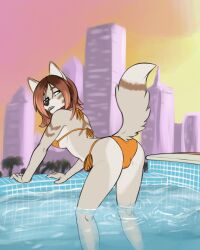 2023 anthro bent_over bikini bikini_bottom bikini_top breasts camel_toe canid canine canis clothed clothing collar digital_media_(artwork) female fur hair hi_res mammal outside seff solo swimwear tail winter_(foxyneko) wolf