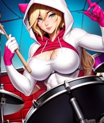 abs ai_generated big_breasts blonde_hair blue_eyes drums gwen_stacy marvel spider-gwen tagme