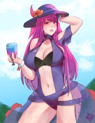 1girls alternate_costume beauty_mark bikini blue_one-piece_swimsuit blue_swimsuit breasts cleavage drink female female_only fire_emblem fire_emblem_engage fire_emblem_heroes hat ivy_(fire_emblem) large_breasts lipstick long_hair looking_at_viewer mole mole_under_mouth nintendo official_alternate_costume one-piece_swimsuit pink_eyes pink_hair pink_lips pink_lipstick purple_one-piece_swimsuit purple_swimsuit rinku_bny see-through solo swimsuit very_long_hair